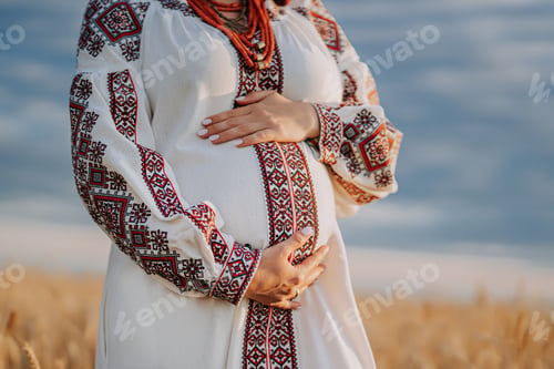 Preview: Pregnant Woman Touching, Rubbing Baby Bump Belly On Rural Nature Background