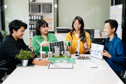 Preview: Asian professionals collaborate on sustainable energy solutions with wind turbines,