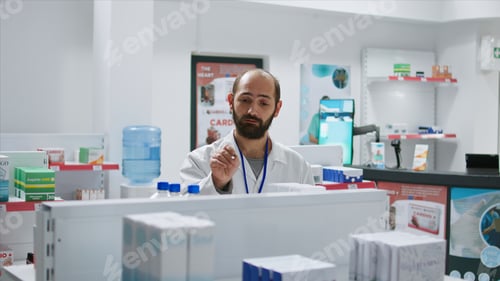 Preview: Pharmacist doing inventory using hologram projection
