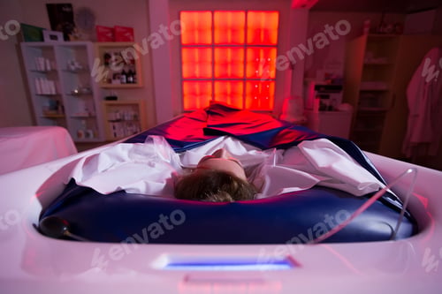 Preview: Young happy girl enjoys the procedure of wrapping and hydro massage in the Spa salon.