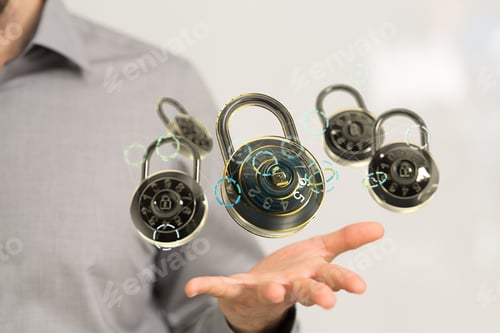 Preview: Person presenting 3D render of digital lock - cybersecurity and information network protection