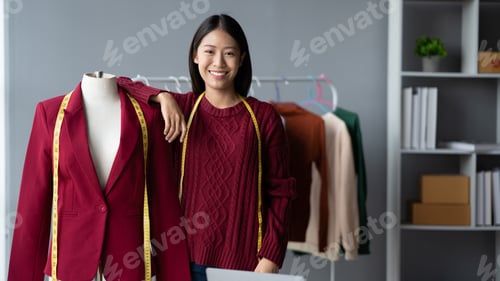 Preview: Young confident Asian woman who own cloth shop standing in her studio while measuring the size for h