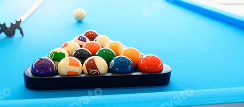 Preview: Billiard balls set on the table with a cue, snooker pool