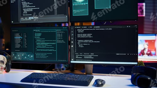 Preview: Close up of code running on computer displays in empty apartment used by hacker
