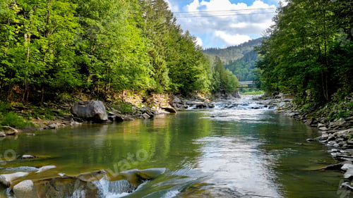 Preview: Beautiful landscape of pine forest, mountain peaks and wide calm river