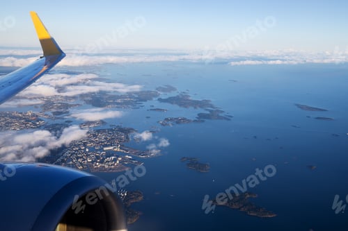 Preview: Helsinki Seaport and the Gulf of Finland from an airplane window during takeoff