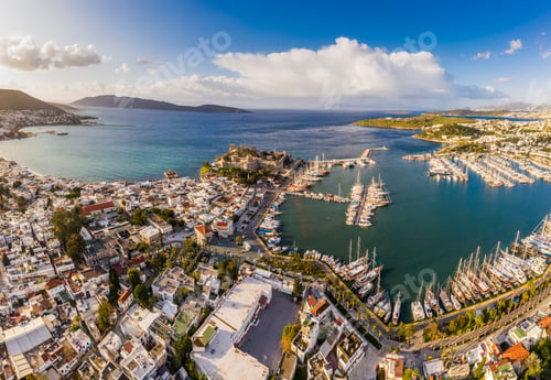 Preview: Aerial view of Bodrum at sunrise, Turkey. View of the Saint Peter Castle