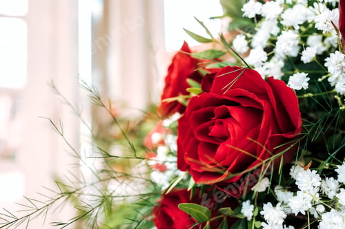Preview: Red rose in a flower arrangement. Floral background.