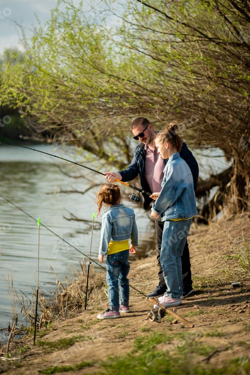 Preview: A dad and his two daughters are fishing in the river.