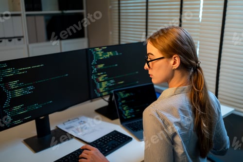 Preview: Caucasian young female software engineer working at night in the office.