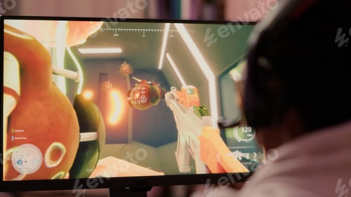 Preview: Over shoulder closeup of gamer playing intense multiplayer action game in online competition