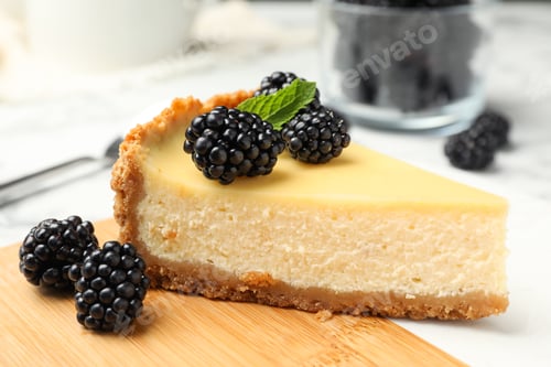 Preview: Piece of delicious cheesecake decorated with blackberries on table