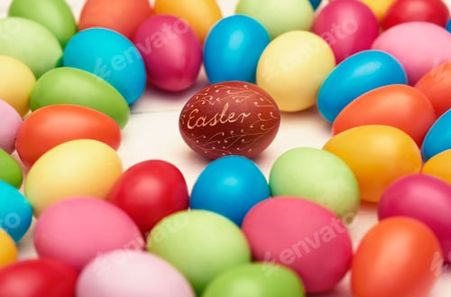 Preview: Brown easter egg among colorful ones