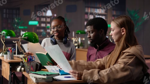 Visualização: Estudantes universitários colaborando em um projeto de startup na biblioteca do campus