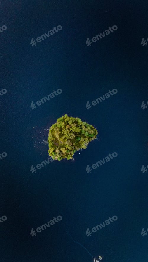 Preview: Vertical aerial view of a small green island in the middle of the sea