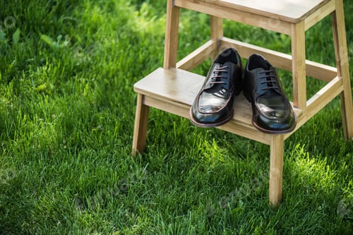 Preview: close up view of black leather shoes on wooden stairs on green grass