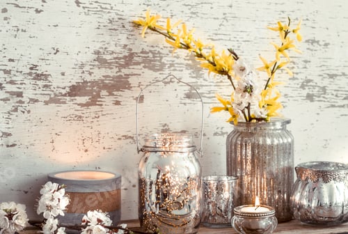 Preview: Home decor on wooden background with spring flowers