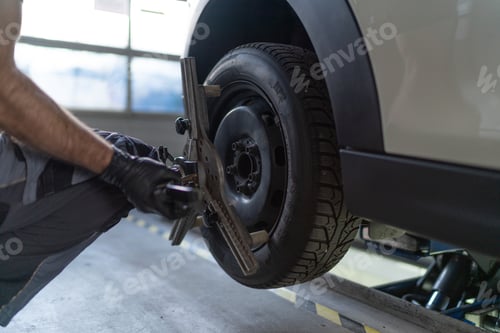 Preview: Mechanic Adjusting Tire Alignment on Car Lift