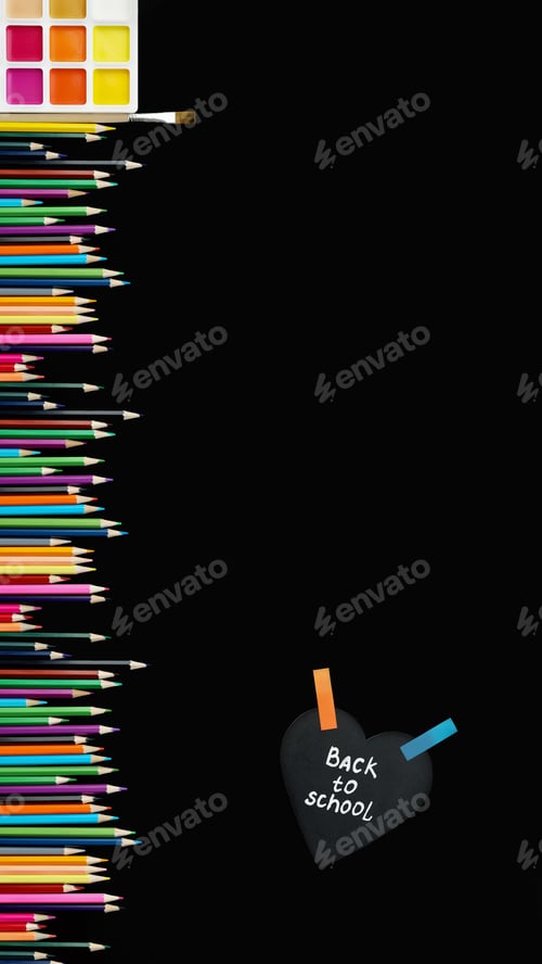 Preview: banner heart shaped board back to school text pencils watercolor paints brushes black background
