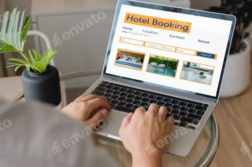 Preview: booking online concept, person using laptop computer planning travel search hotel booking.