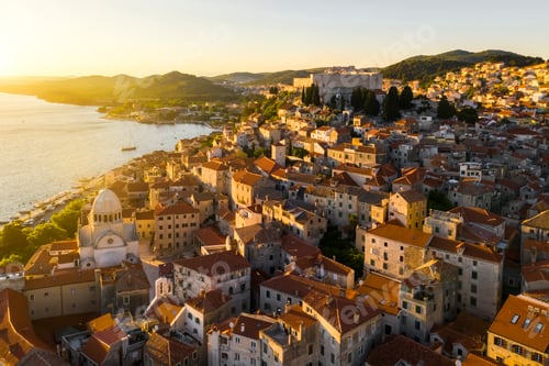 Preview: Beautiful old city of Sibenik, aerial view of the town center at sunset. Croatia.
