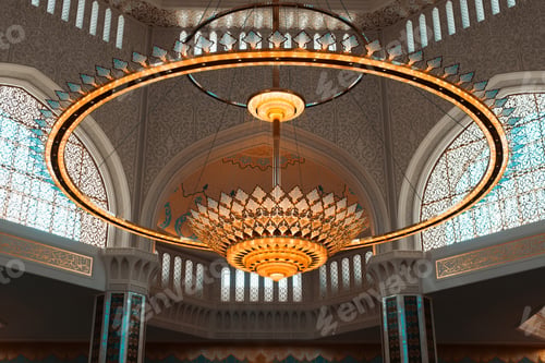 Preview: Large decorated luminous chandelier in the cathedral mosque, interior