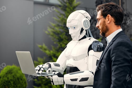Preview: Robot with businessmen on the street near the building