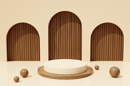 Preview: Minimalist Beige Podium with Wooden Arches for Product Display