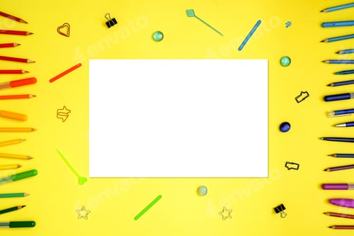 Preview: Stationery on yellow. Flat lay.
