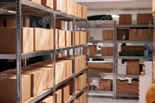 Preview: Goods packages lying on storehouse racks, waiting for transportration