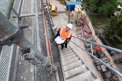Preview: Man wearing safety vest on scaffolding on construction site