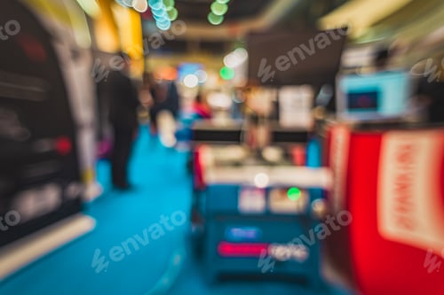 Preview: Exhibition- Background Blur. Blurred- Bokeh Lights. Expo Business- Booth Stand