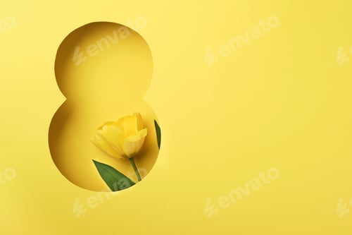 Preview: 8 March greeting card. Paper cut Eight made of yellow background and fresh spring flowers bouquet of