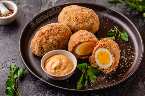 Preview: Traditional Scotch Eggs on a black plate.