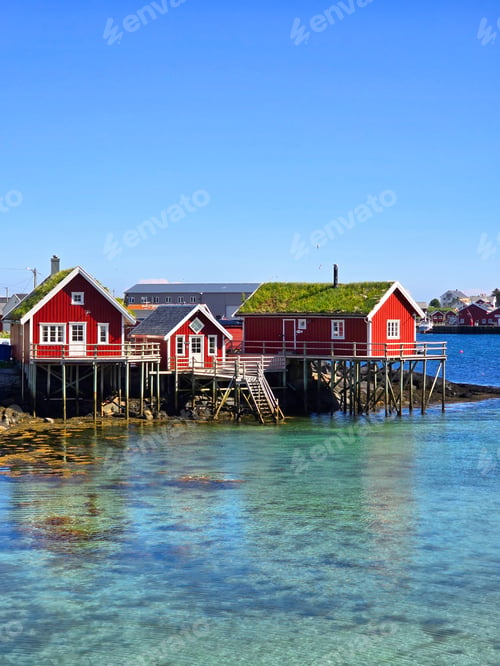 Preview: Red Roofed Houses on Stilts in Norway, Reine, Lofoten, Norway
