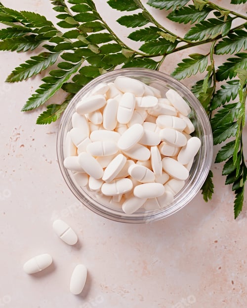 Preview: Collagen pills and green plant on beige stone background