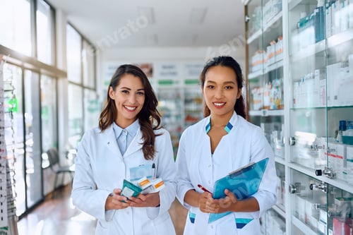 Preview: Young female pharmacists working in a pharmacy and looking at camera.