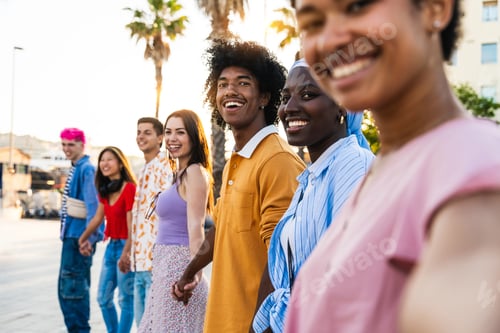 Preview: Multiethnic group of young happy friends hanging out