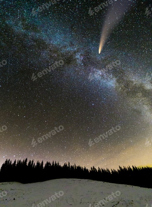 Preview: Surreal view of night in mountains with starry dark blue cloudy sky