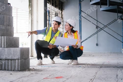 Preview: Asian male and female engineers wearing safety vests helmets inspect structural elements,review