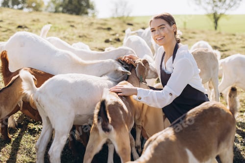 Preview: Smiling Woman Enjoying Time With Friendly Goats in a Sunny Pasture on a Farm