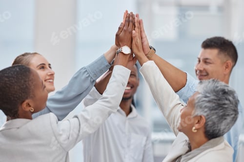 Preview: High five, group circle or business people celebrate collaboration, synergy or corporate deal, succ