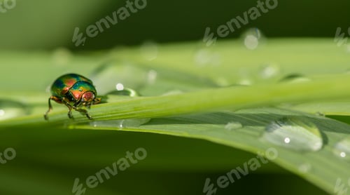 Preview: Jewel bug on blades of grass with dew drops.