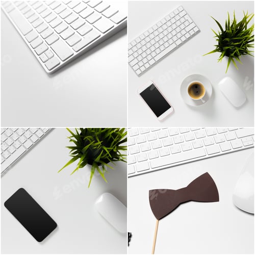 Preview: Office desk table with computer, supplies and coffee cup