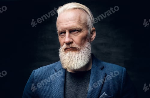 Preview: Elegant aged man with gray hairs dressed in blue suit