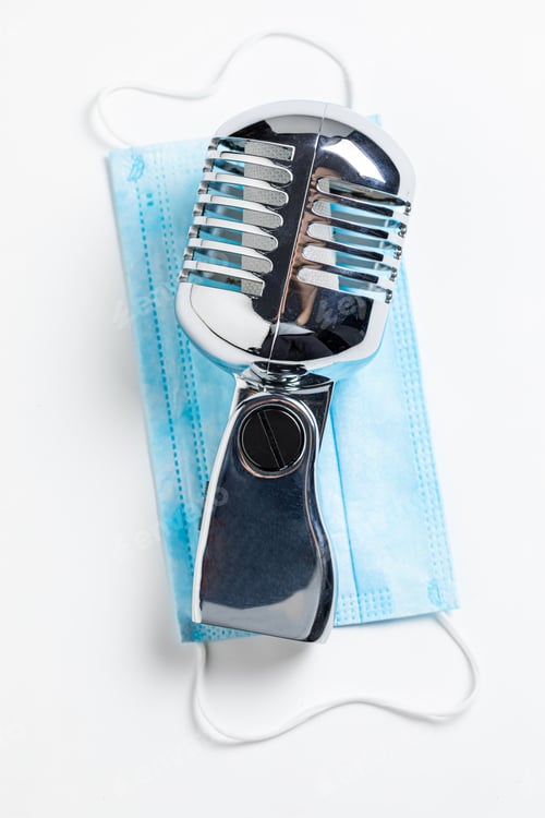 Preview: Blue mask and silver microphone. Covid-19 restriction in artist business