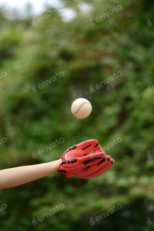 Preview: Baseball player in leather baseball glove catching a ball. Sport, activity and people concept