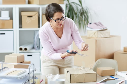 Preview: Young brunette manager of online shop cutting tied thread on top of box