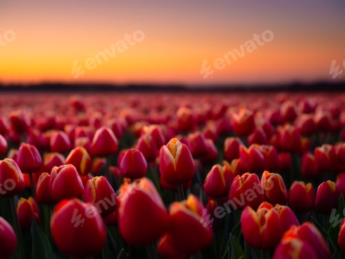 Preview: A field of tulips during sunset. Flowers as a background. Landscape with flowers during sunset.