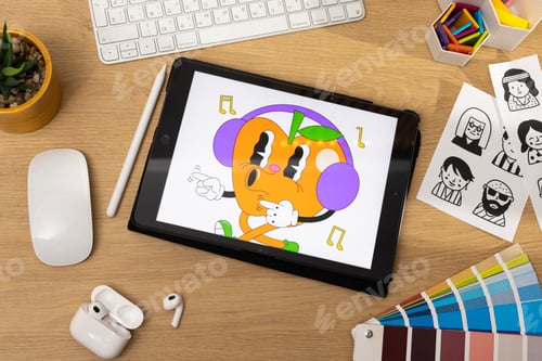Preview: Designer working on a graphic tablet at a desk. Creative creation of graphic design, artist